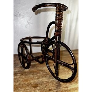 Vintage Bamboo Tricycle Trike Plant Stand Holder Wicker Rattan Boho Decor